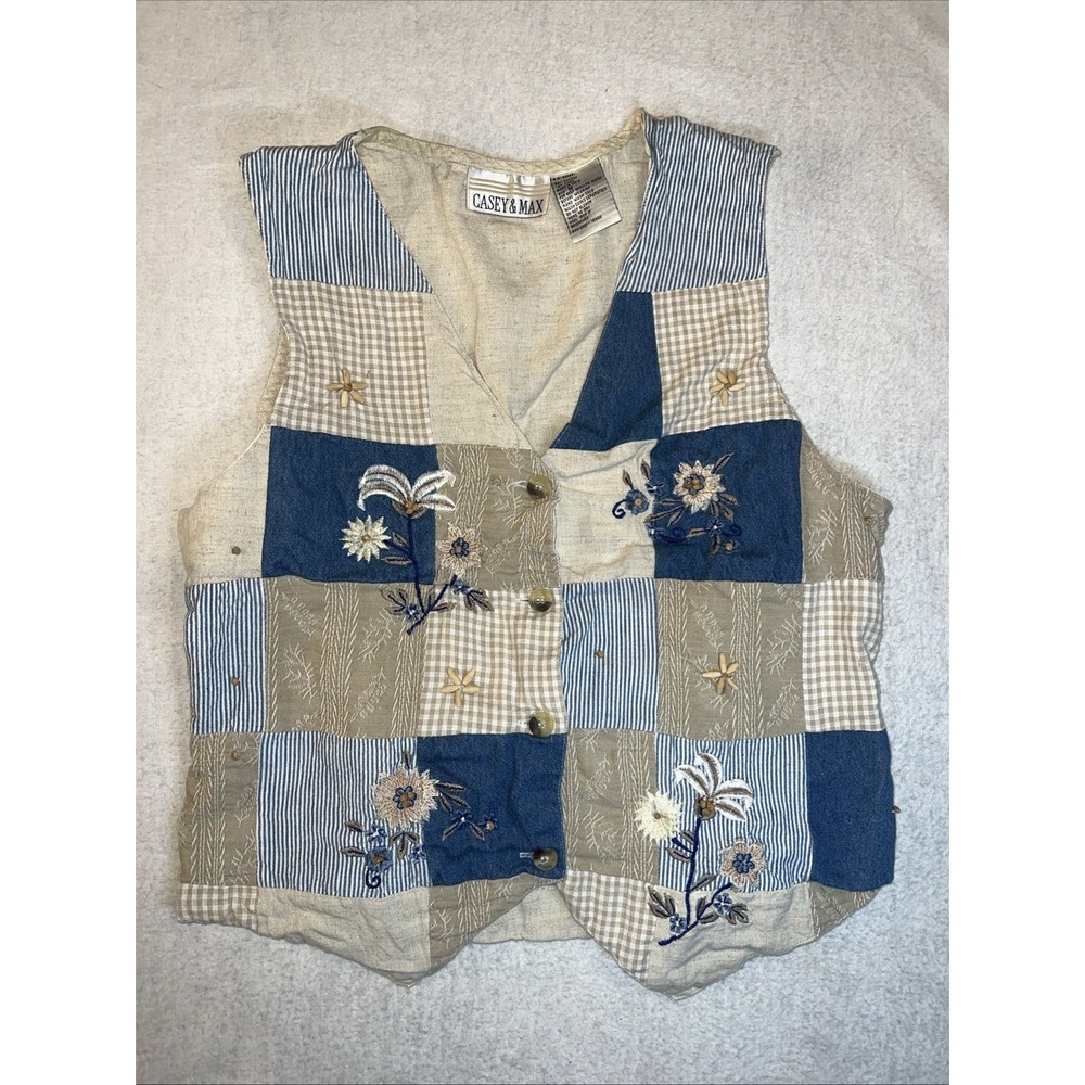 VTG Casey & Max Vest Women Med. Denim Patchwork Floral Cottage Core Embroidery